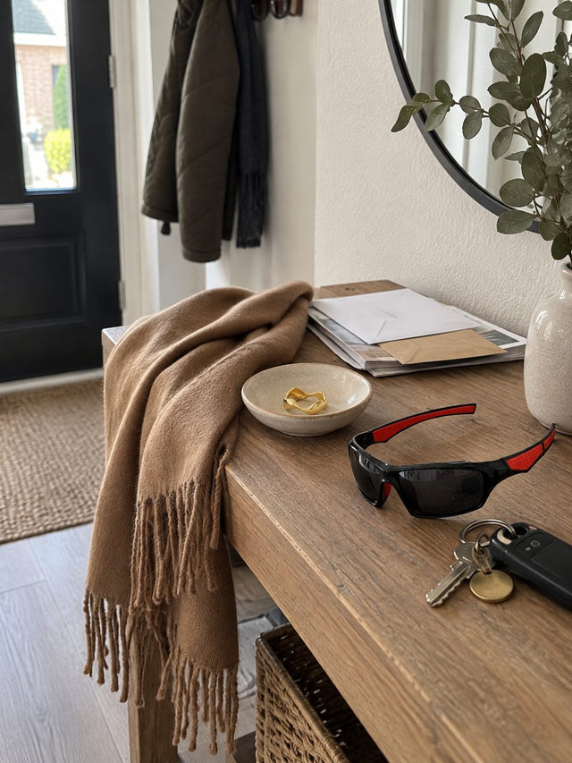 Halkast met sjaal, ring en zonnebril