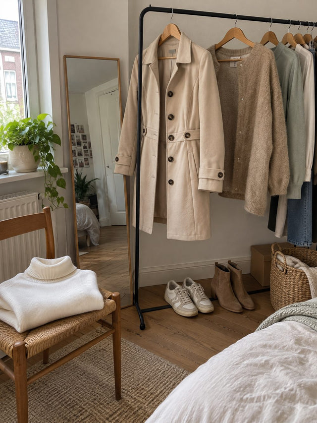 Kledingrek met trenchcoat, vest en trui