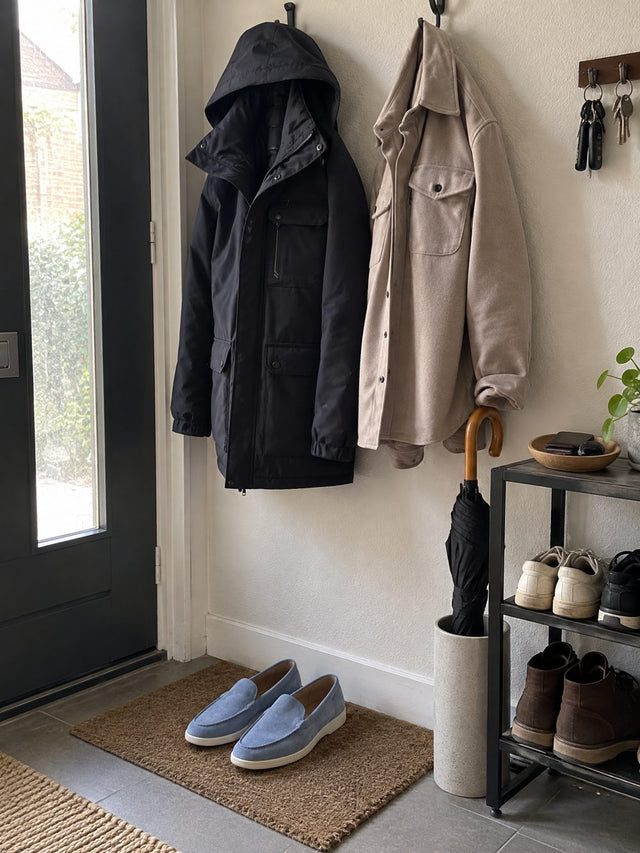 Hal met parka, overhemdjas en loafers