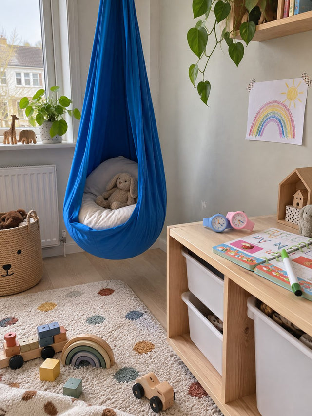 Kinderkamer met hangstoel en werkboek
