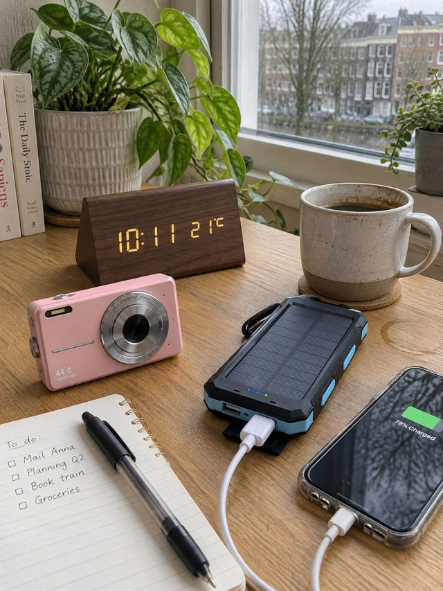 Bureau met digitale wekker, camera en powerbank