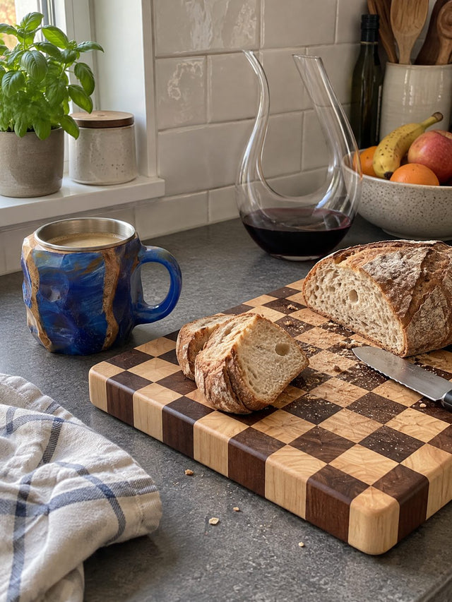 Keukenblad met houten snijplank, mok en karaf