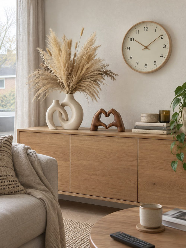 Woonkamer met keramieken vazen, pampasgras en wandklok