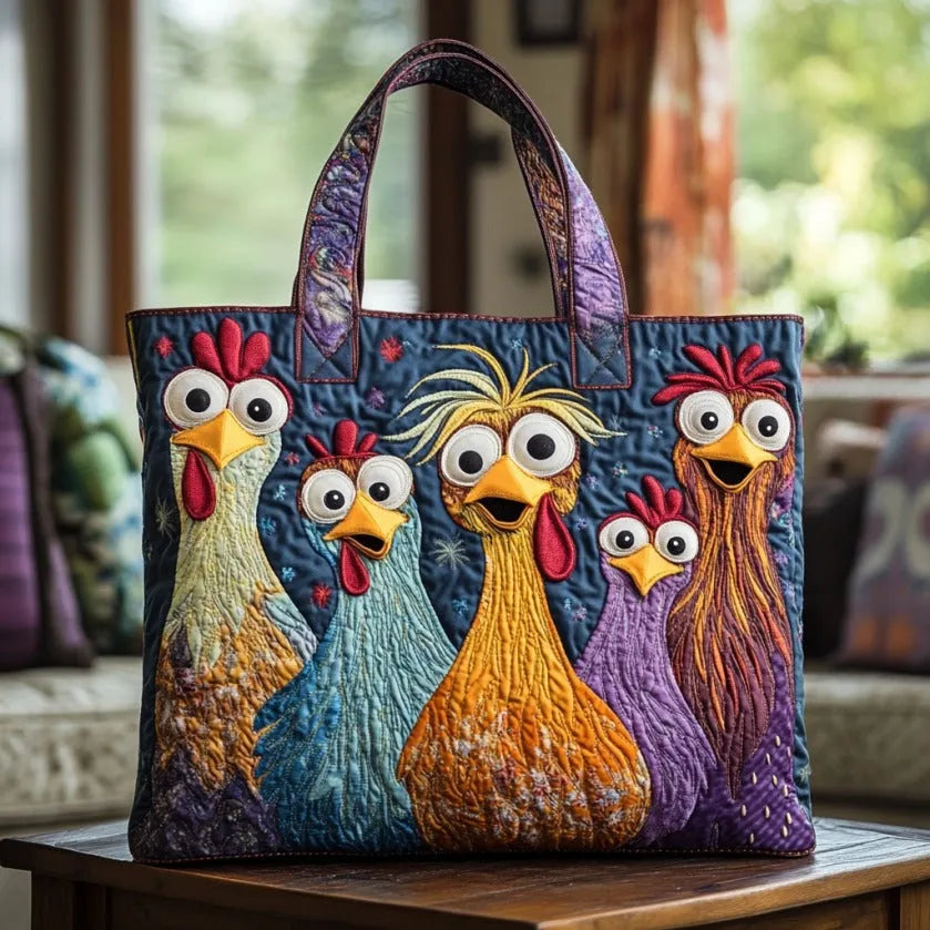 Gewatteerde shopper tas met print van vijf kleurrijke kippen