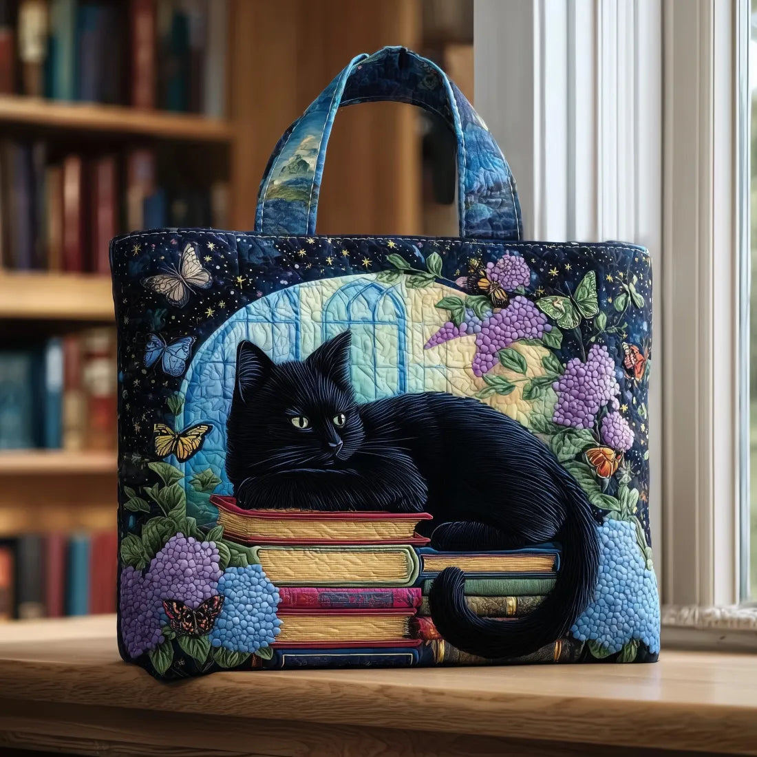 Gewatteerde shopper tas met print van een zwarte kat op boeken