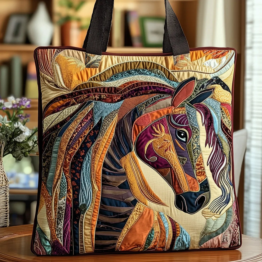 Gewatteerde shopper tas met een paard in kleurrijk mozaïek