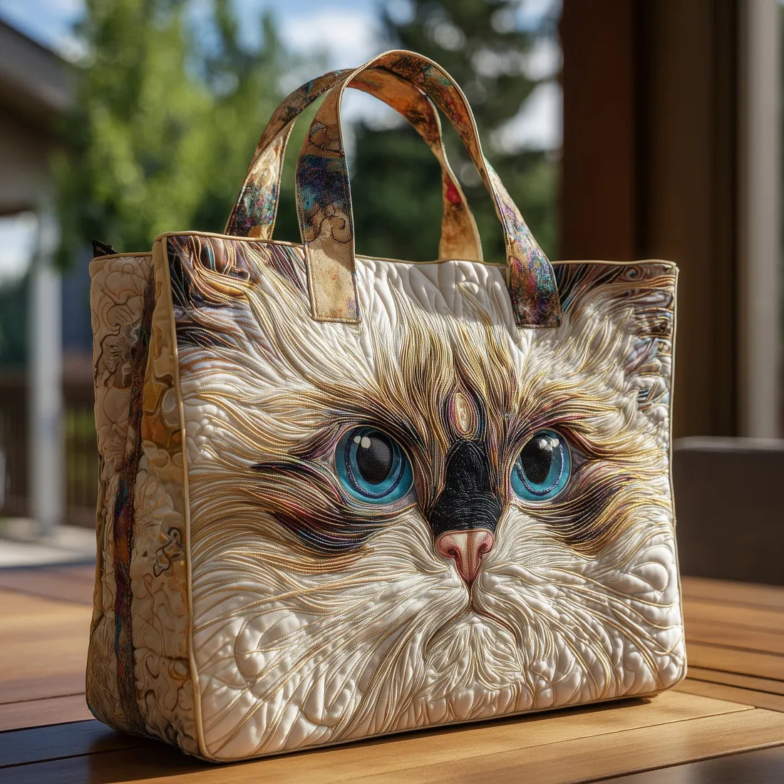 Gewatteerde shopper tas met print van een witte kat met blauwe ogen