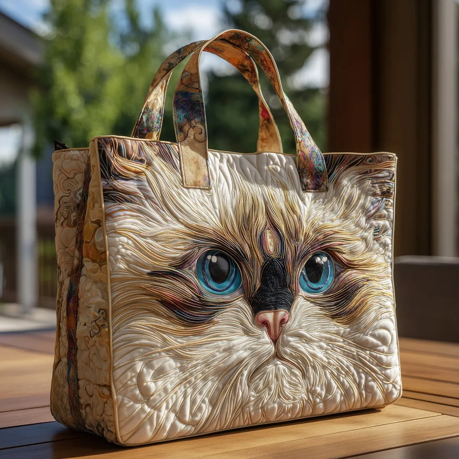 Gewatteerde shopper tas met print van een witte kat met blauwe ogen