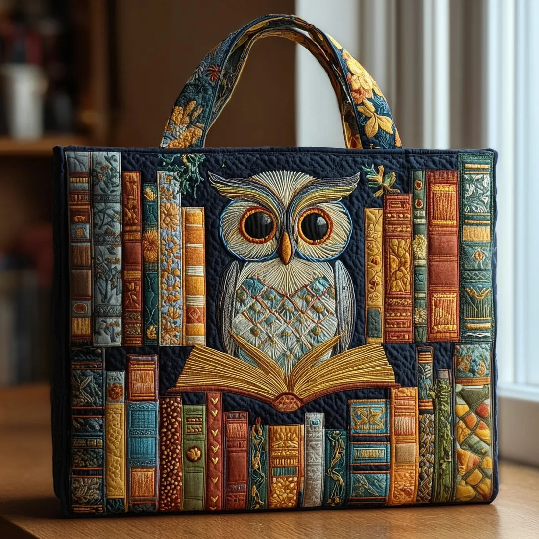 Gewatteerde shopper tas met print van een uil met oude boeken