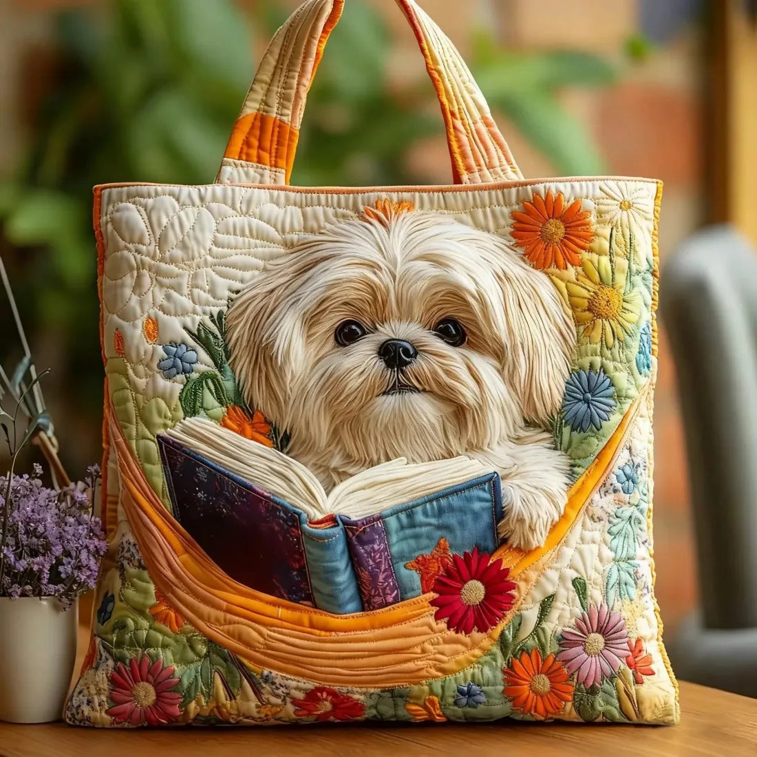 Gewatteerde shopper tas met print van een shih tzu met boeken en bloemen