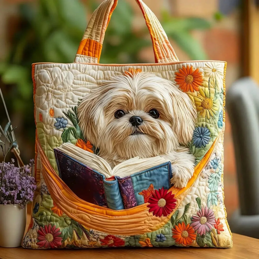 Gewatteerde shopper tas met print van een shih tzu met boeken en bloemen