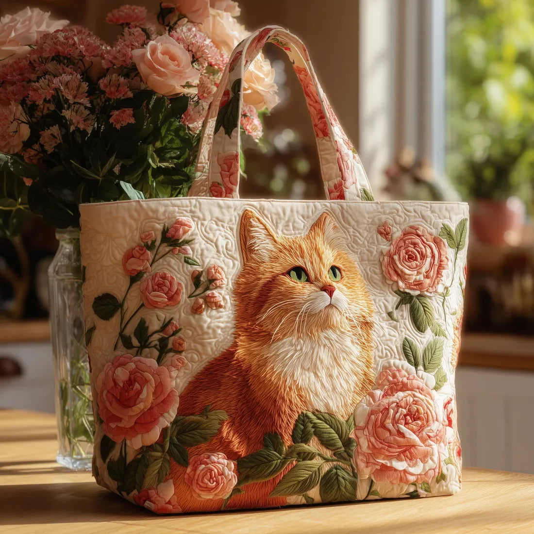 Gewatteerde shopper tas met print van een rode kat met rozen