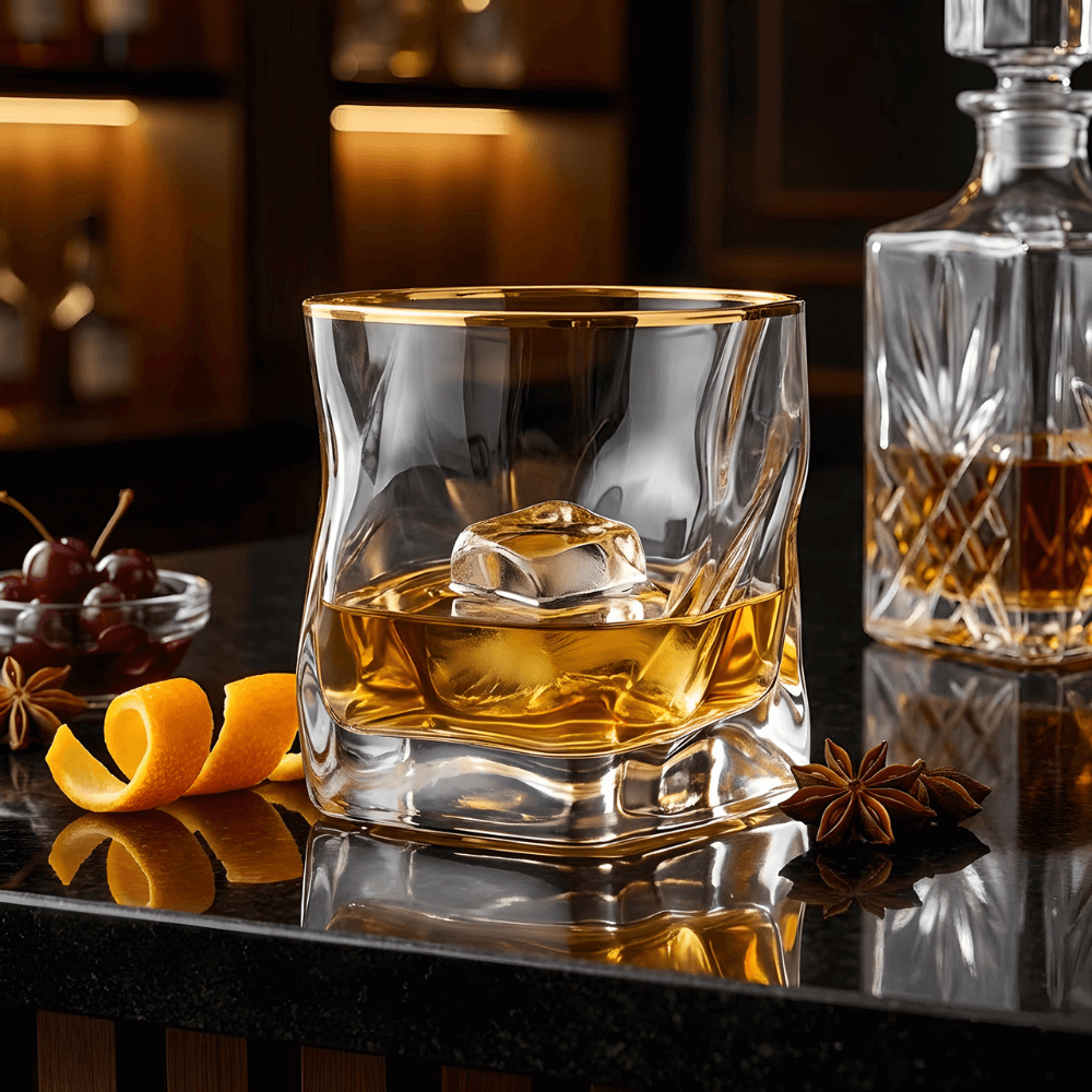 Kristallen whiskyglas met reliëfstructuur en goudkleurig accent