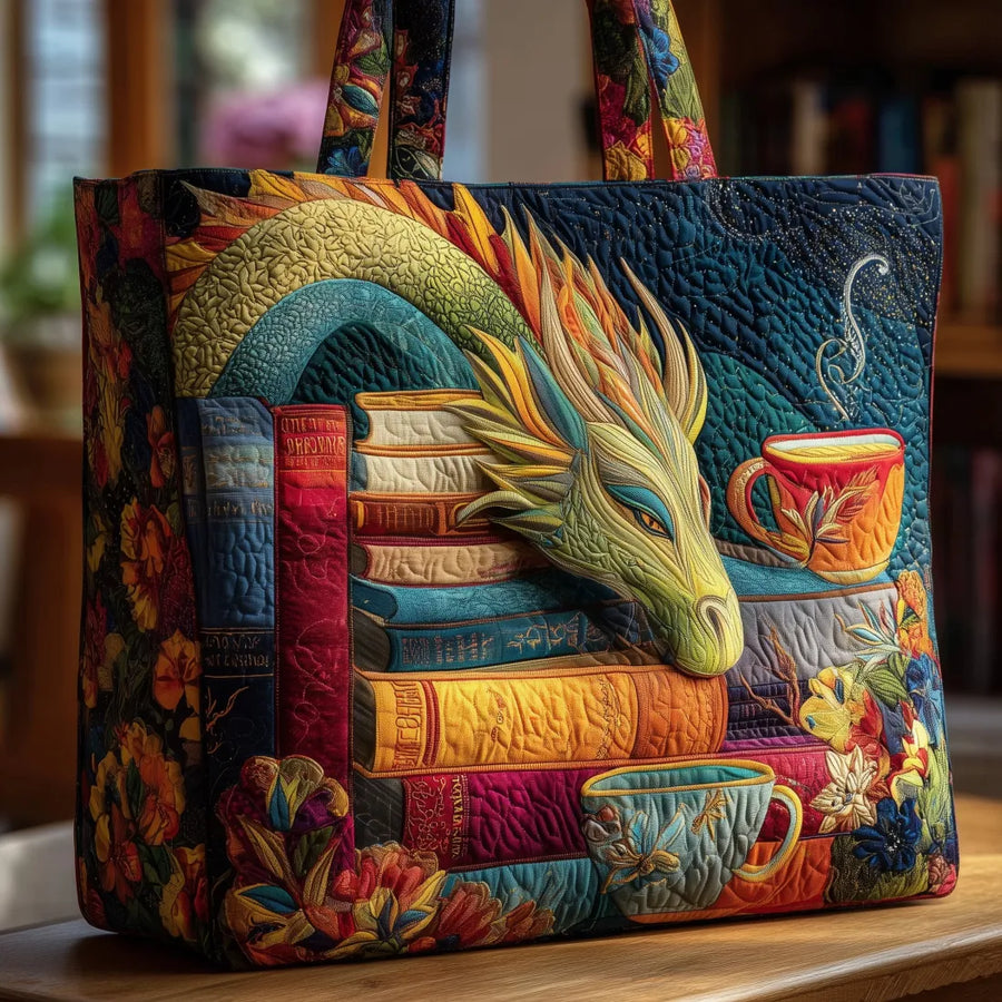 Gewatteerde shopper tas met print van een lezende draak met boeken en kopjes
