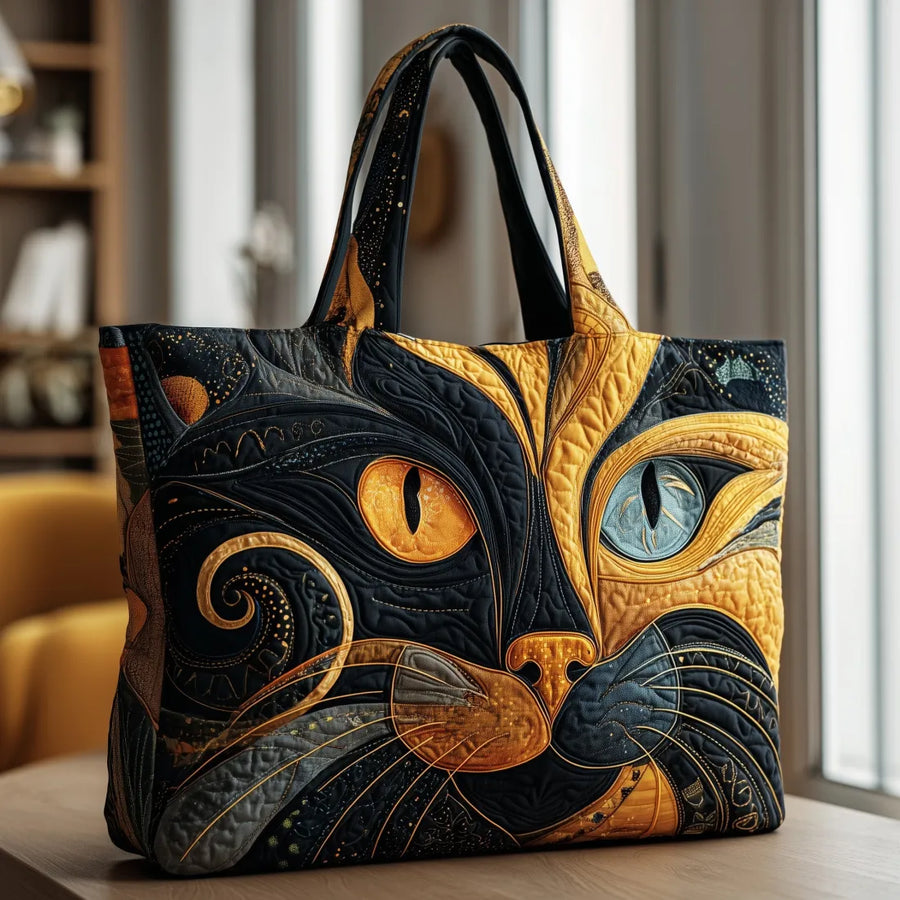 Gewatteerde shopper tas met print van een mystieke kat