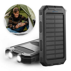 Powerbank met zonnepaneel, haak en twee USB-poorten