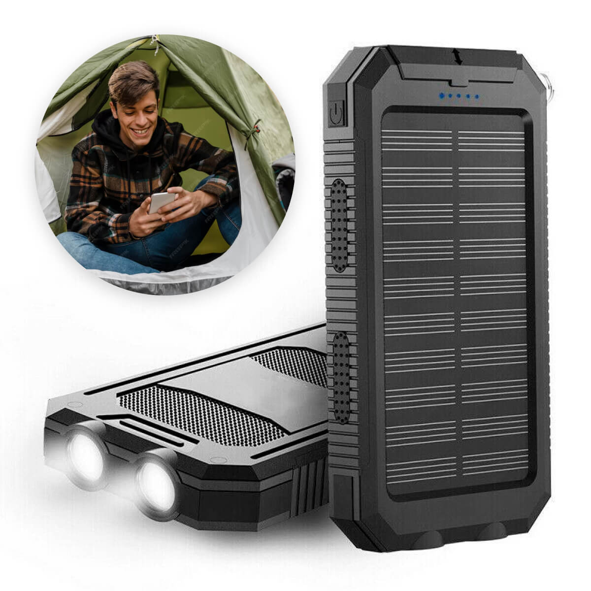 Powerbank met zonnepaneel, haak en twee USB-poorten