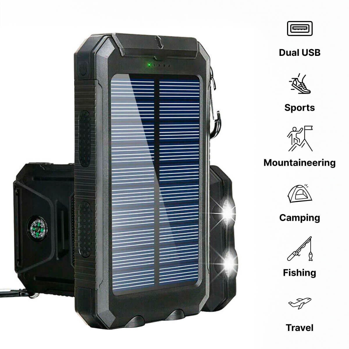 Powerbank met zonnepaneel, haak en twee USB-poorten