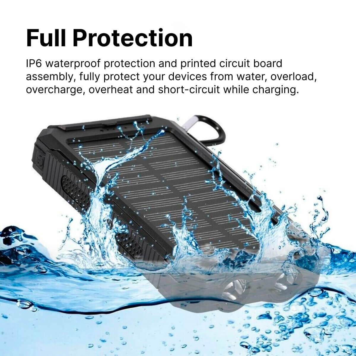 Powerbank met zonnepaneel, haak en twee USB-poorten