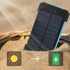 Powerbank met zonnepaneel, haak en twee USB-poorten