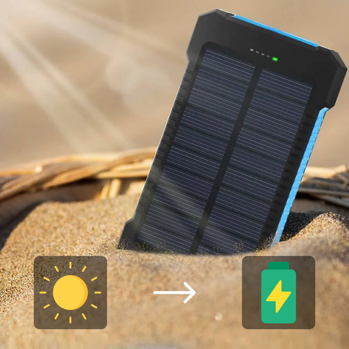 Powerbank met zonnepaneel, haak en twee USB-poorten