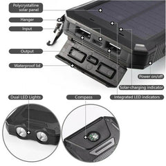 Powerbank met zonnepaneel, haak en twee USB-poorten