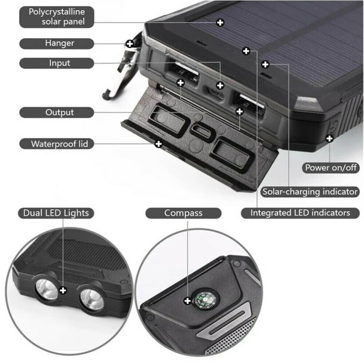 Powerbank met zonnepaneel, haak en twee USB-poorten