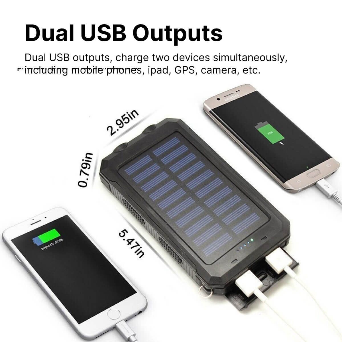 Powerbank met zonnepaneel, haak en twee USB-poorten