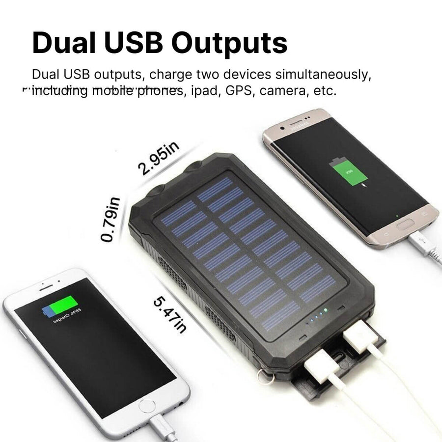Powerbank met zonnepaneel, haak en twee USB-poorten