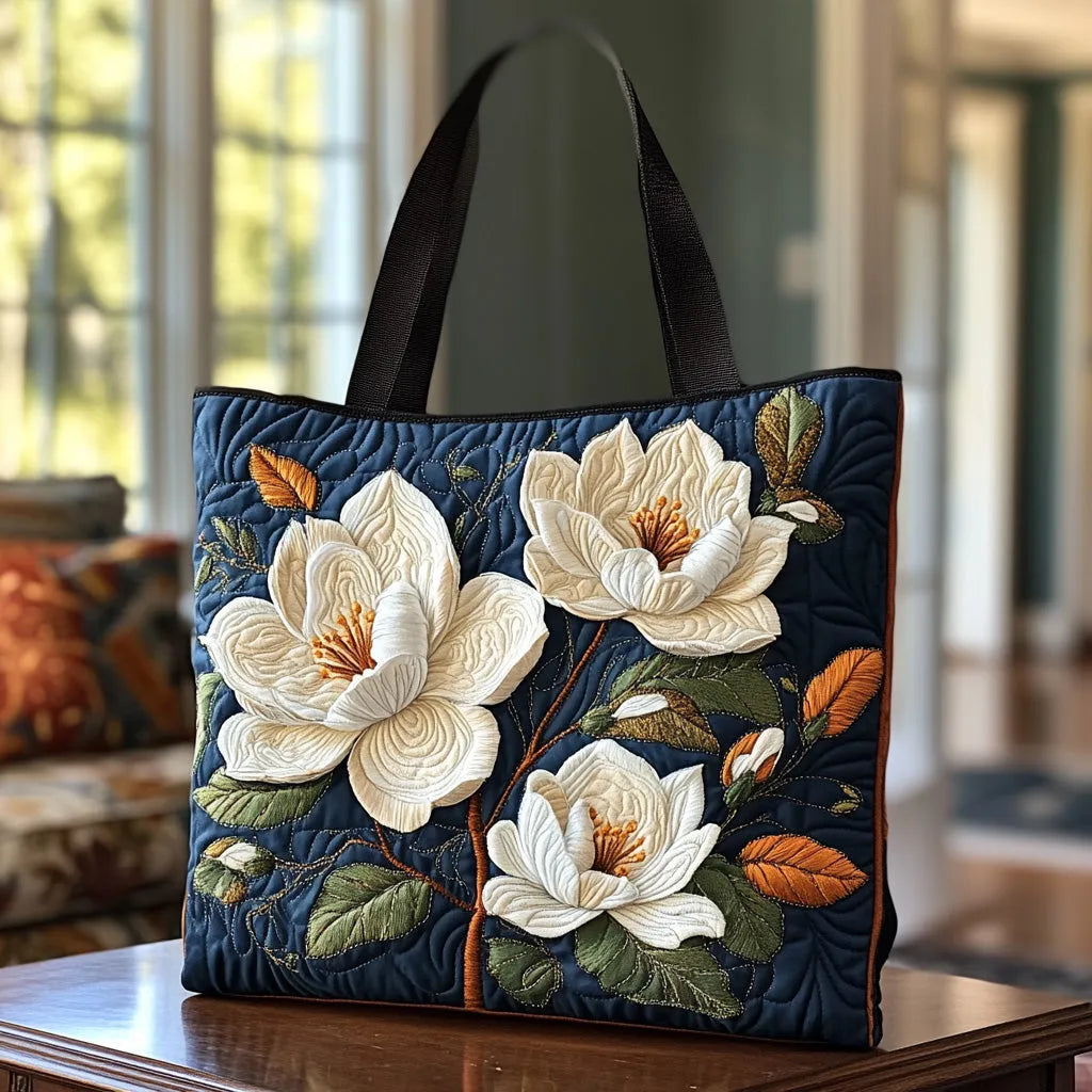 Gewatteerde shopper tas met magnoliaprint