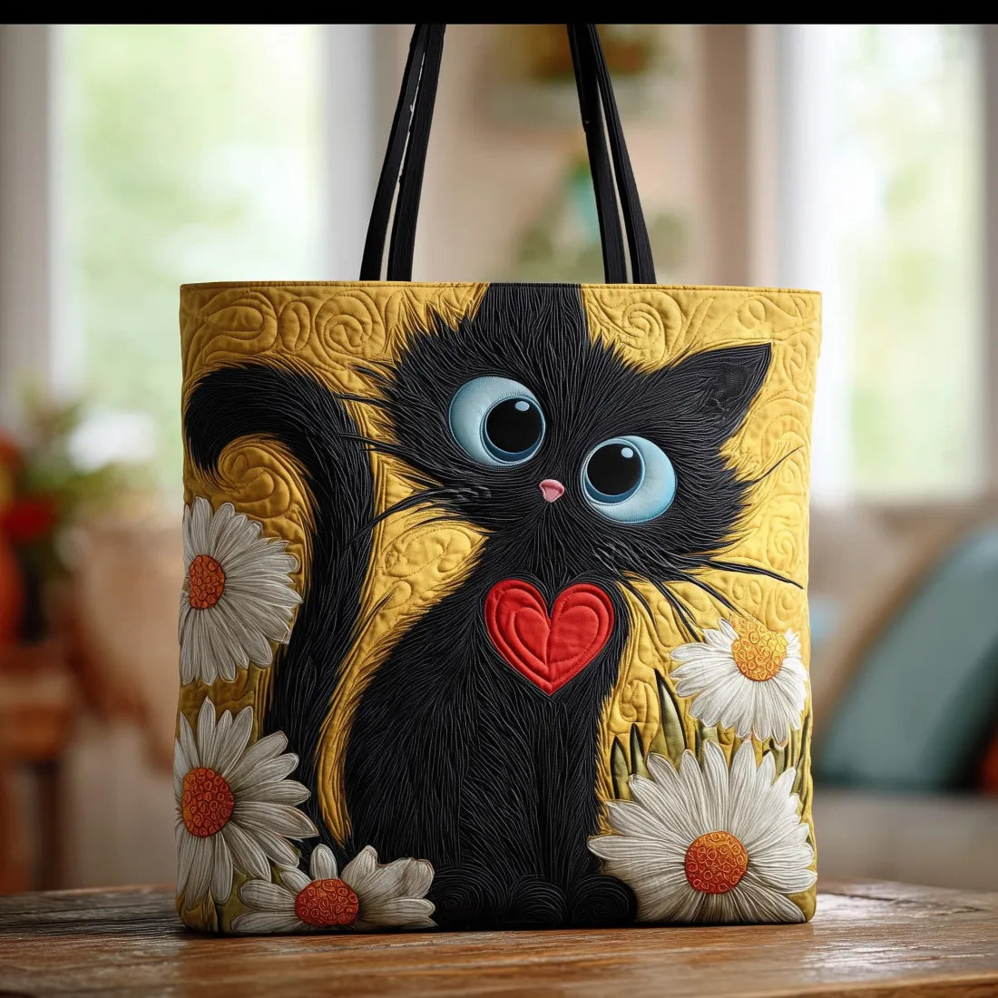 Gewatteerde shopper tas met print van een zwarte kat met madeliefjes
