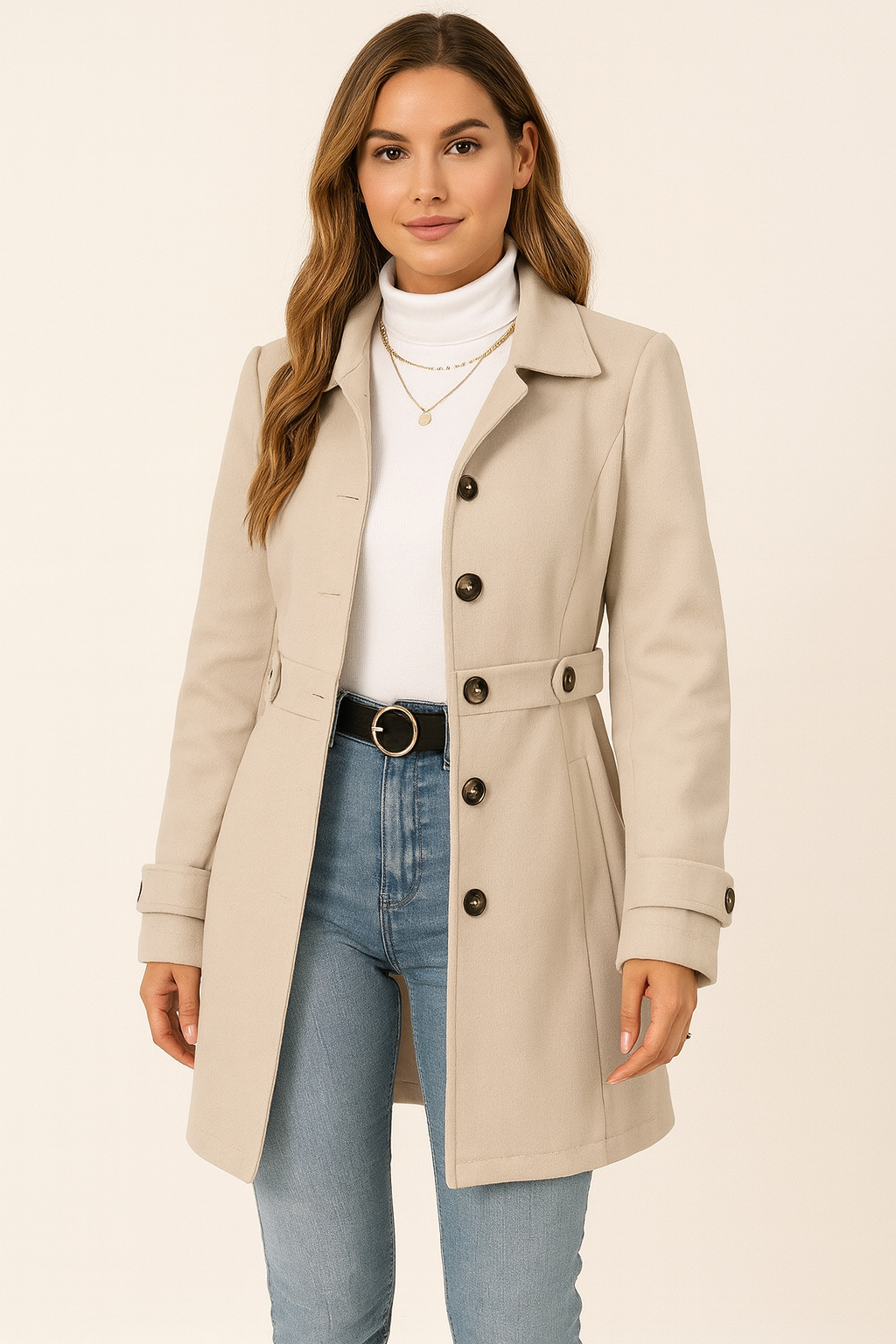 Getailleerde trenchcoat voor dames met ceintuur en reverskraag