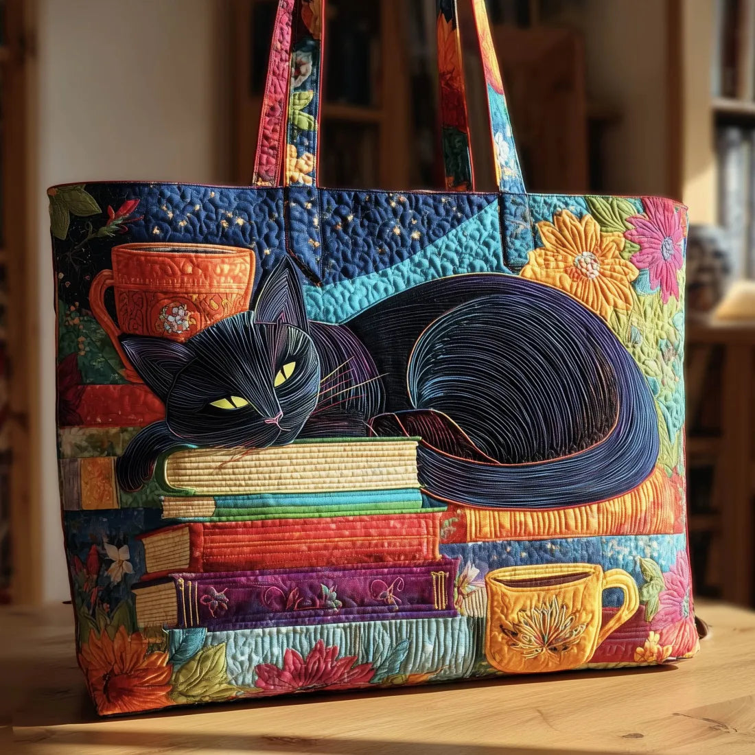 Gewatteerde shopper tas met print van een zwarte kat met boeken en kopjes