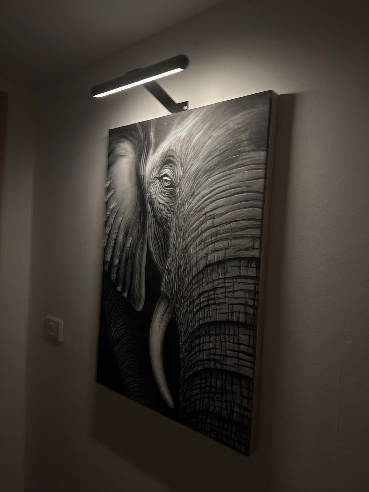 Draadloze LED-schilderijlamp boven een schilderij aan de muur
