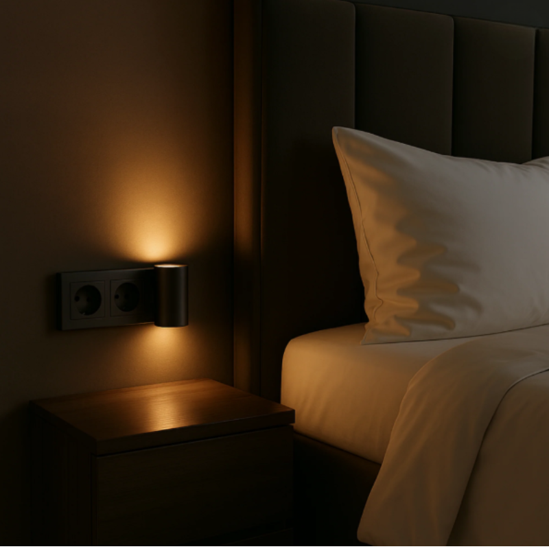 LED-wandlamp in een stopcontact met warm licht