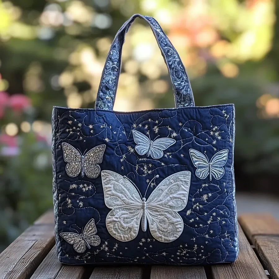 Gewatteerde shopper tas met print van een zilveren vlinder