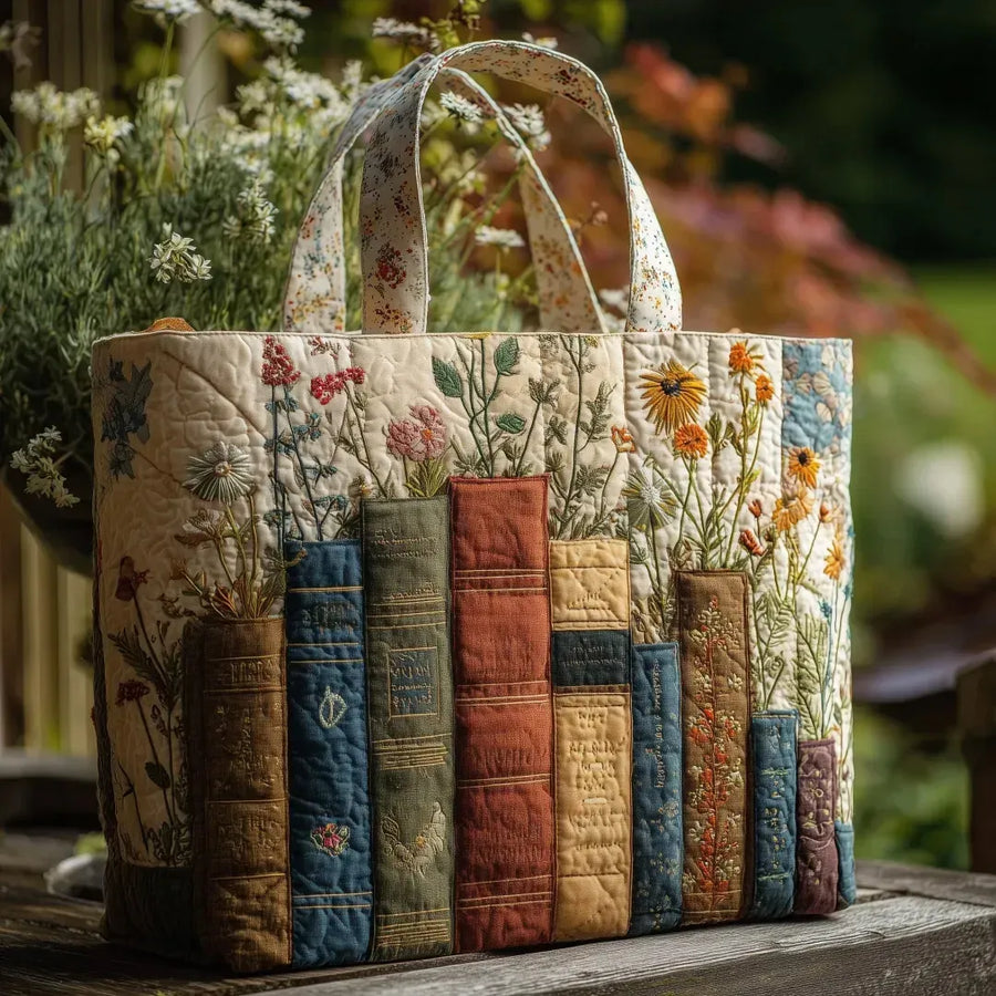Gewatteerde shopper tas met boeken en bloemen