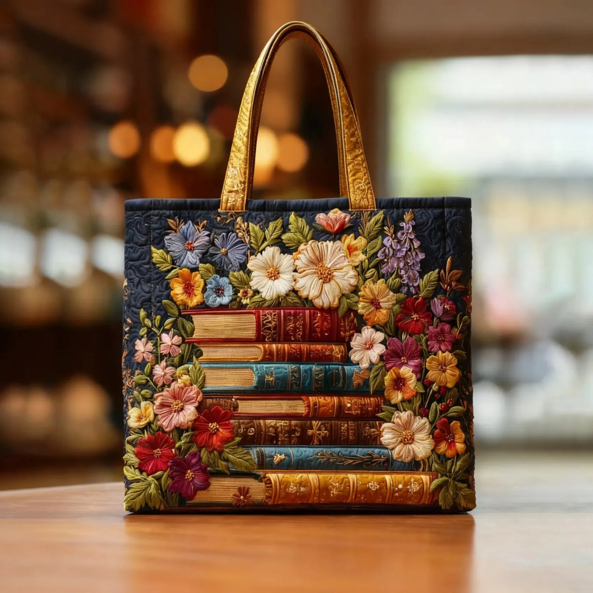 Gewatteerde shopper tas met bloemen en boeken
