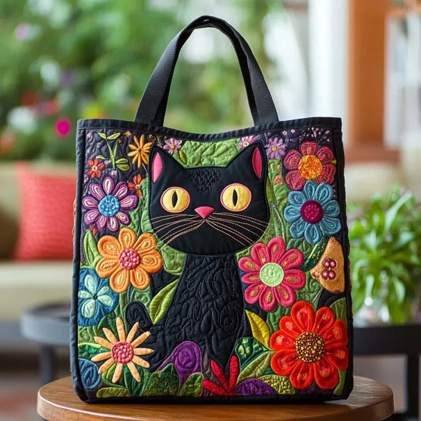 Gewatteerde shopper tas met print van een zwarte kat