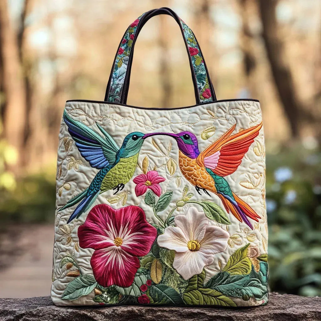 Gewatteerde shopper tas met print van een kolibrie tussen witte bloemen