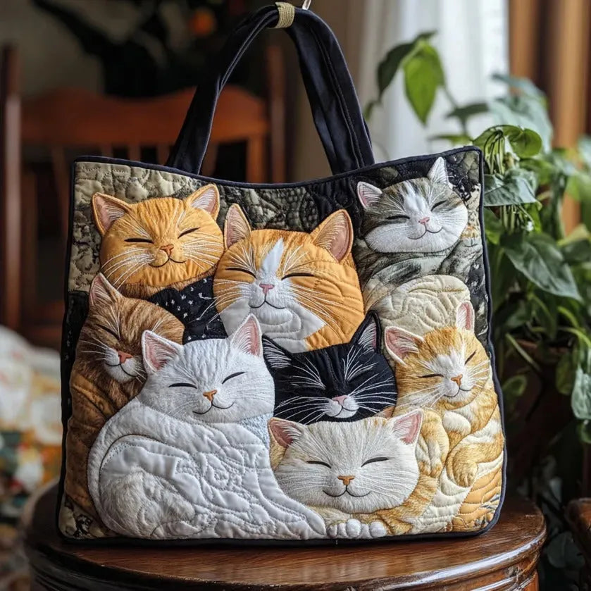 Gewatteerde shopper tas met print van slapende kittens