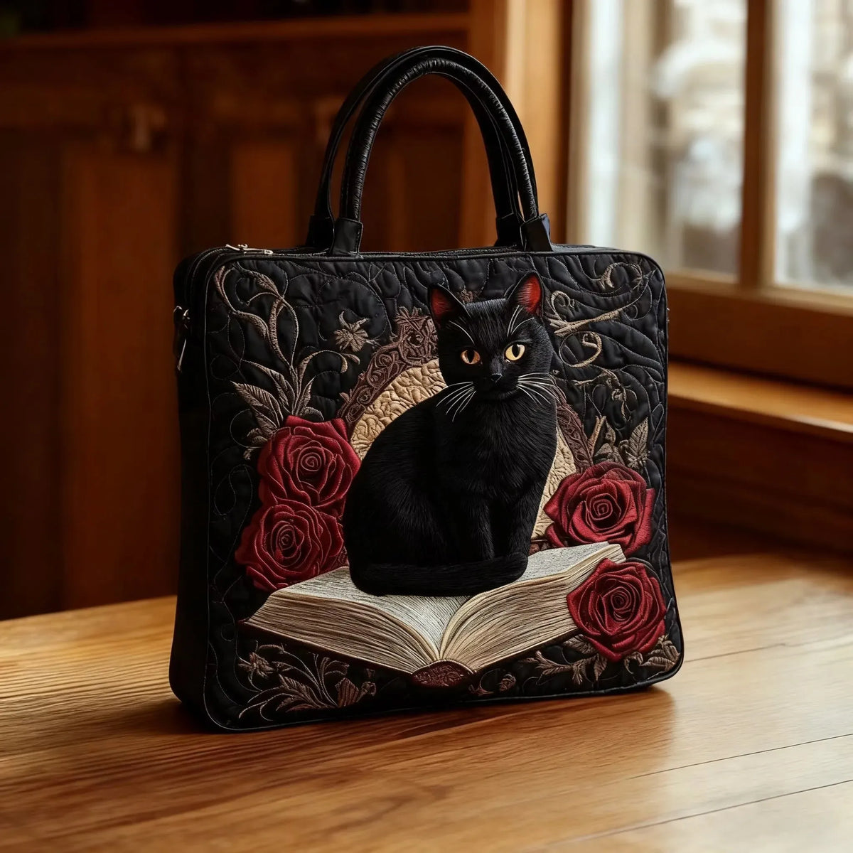 Gewatteerde shopper tas met print van een zwarte kat op een stapel boeken