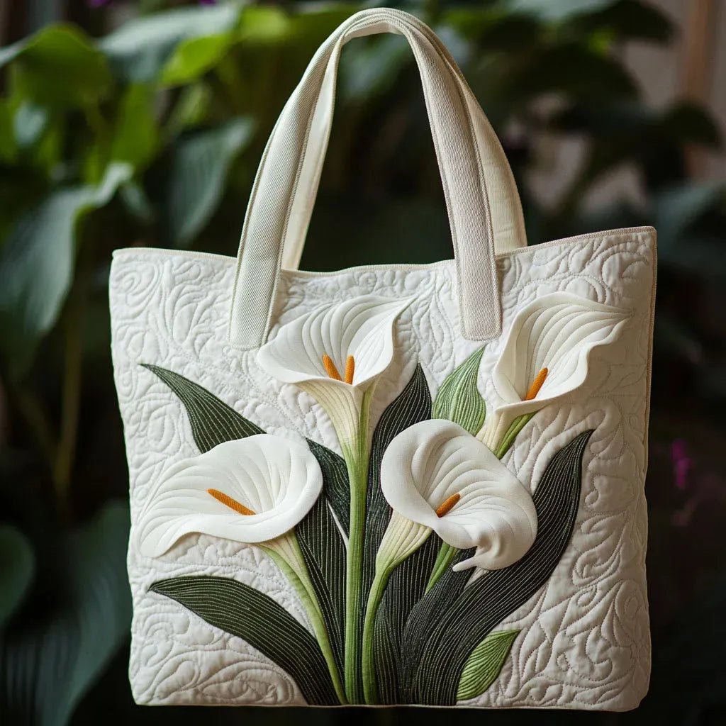 Gewatteerde shopper tas met print van witte aronskelken