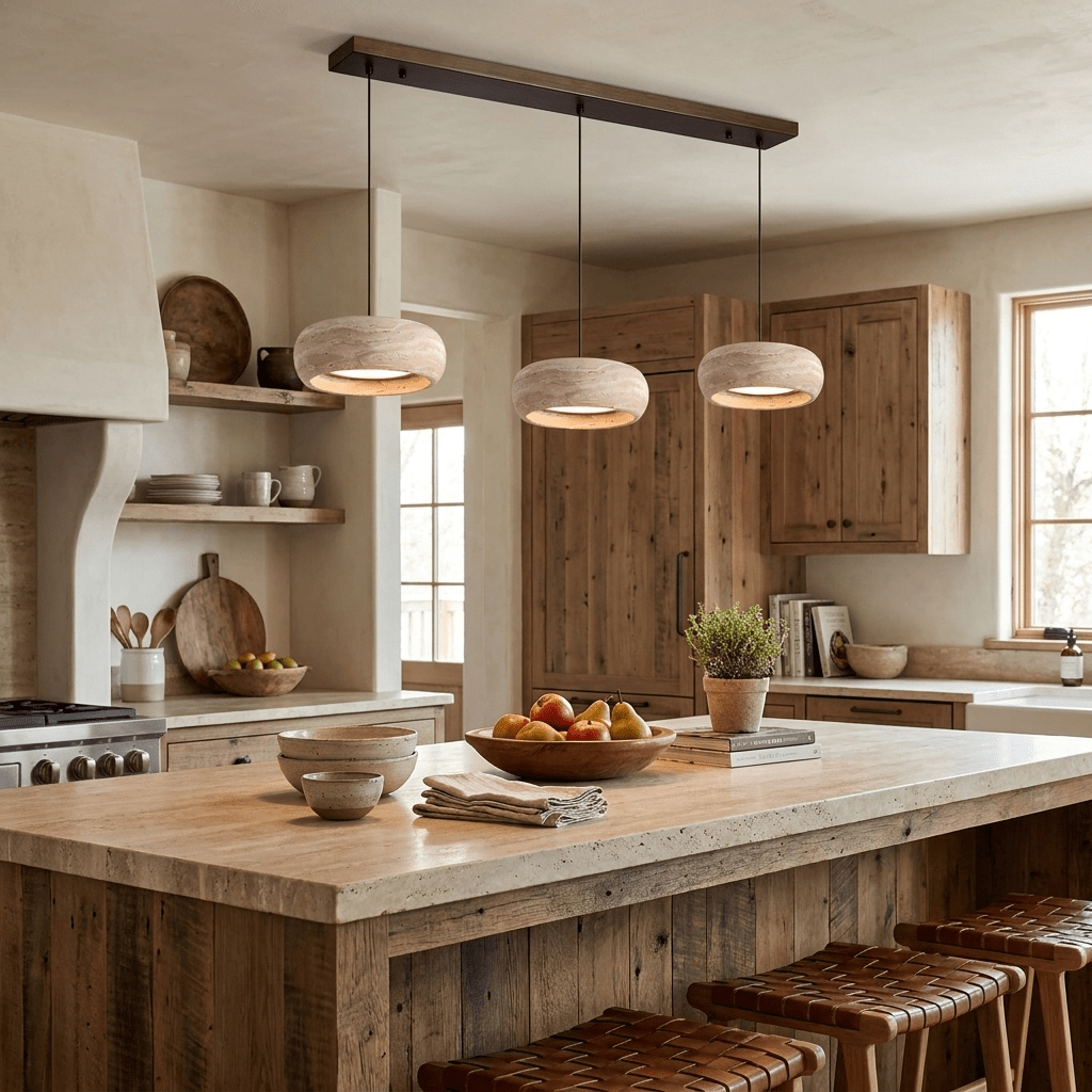 Ronde travertijn hanglamp in donutvorm aan een zwarte metalen stang