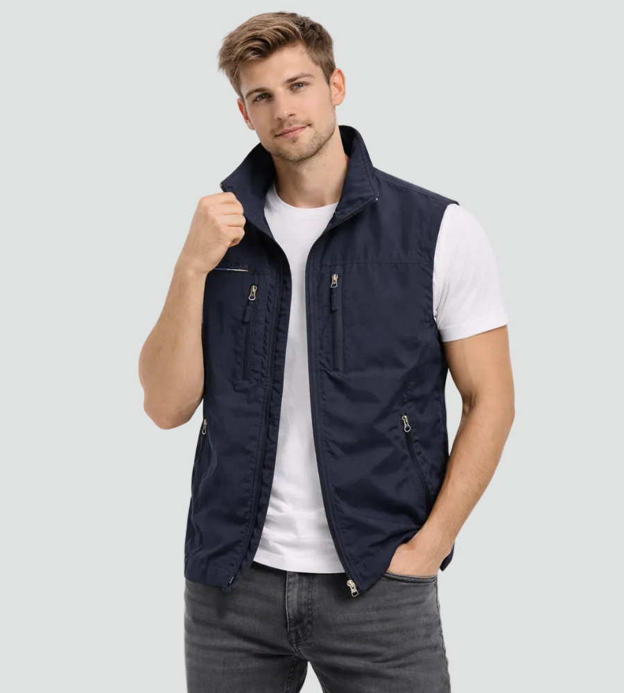 Bodywarmer voor heren met opstaande kraag en ritszakken