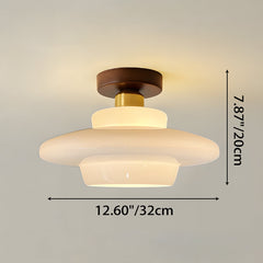 Plafondlamp van walnoot hout met glazen kap en koperen details