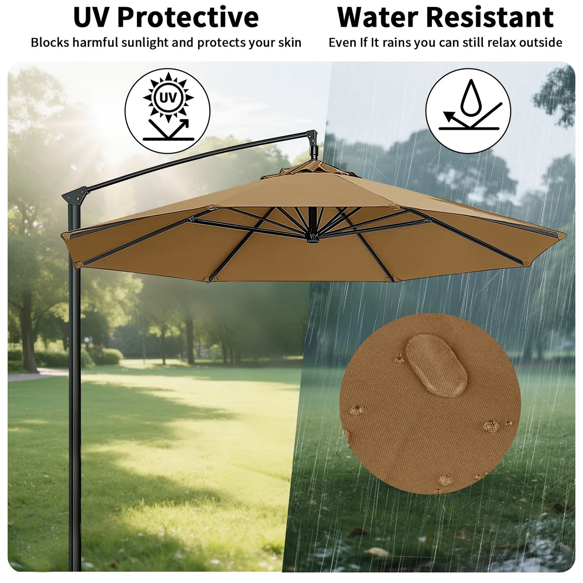 Vervangend parasoldoek op een parasol in de tuin