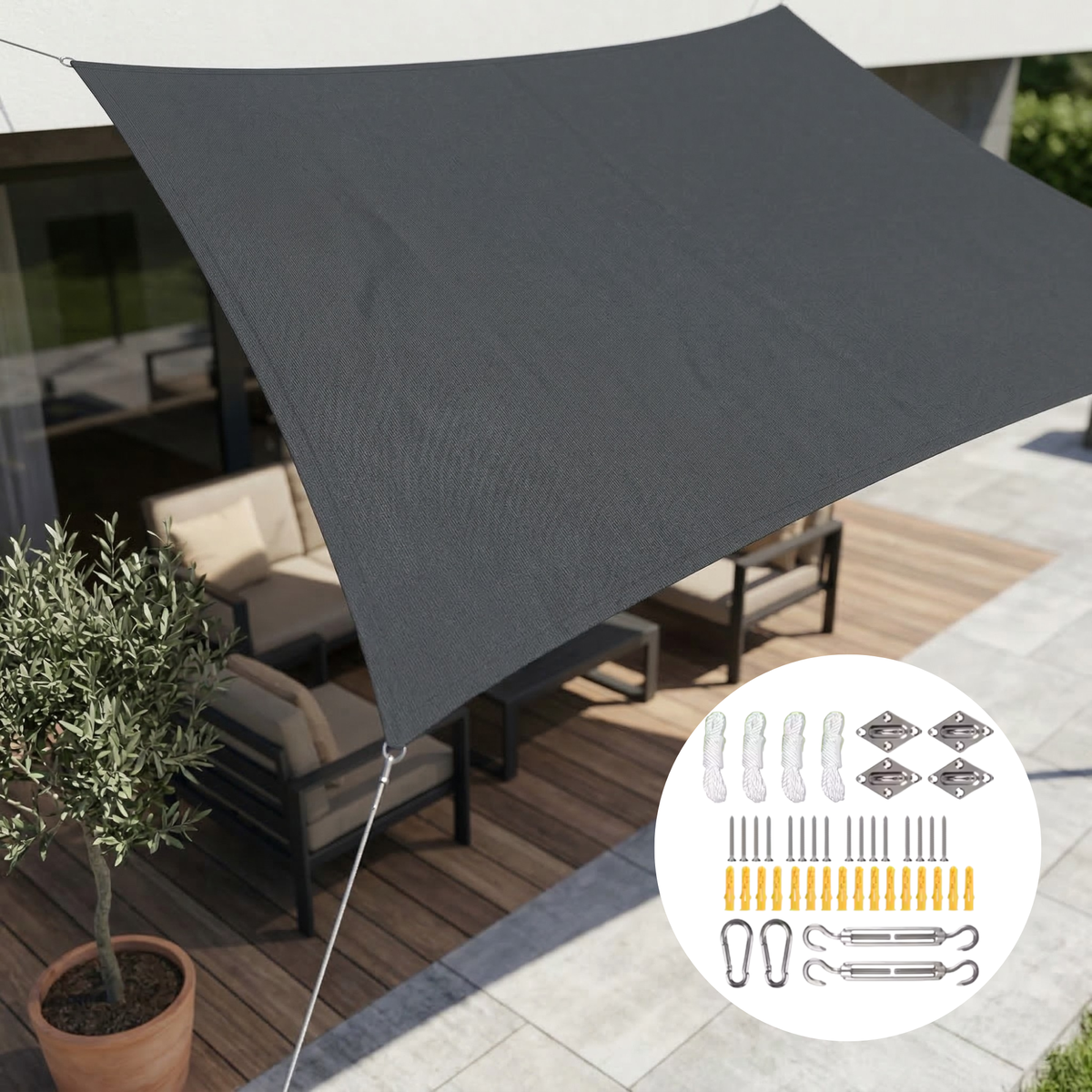 Rechthoekig schaduwdoek gespannen boven een terras