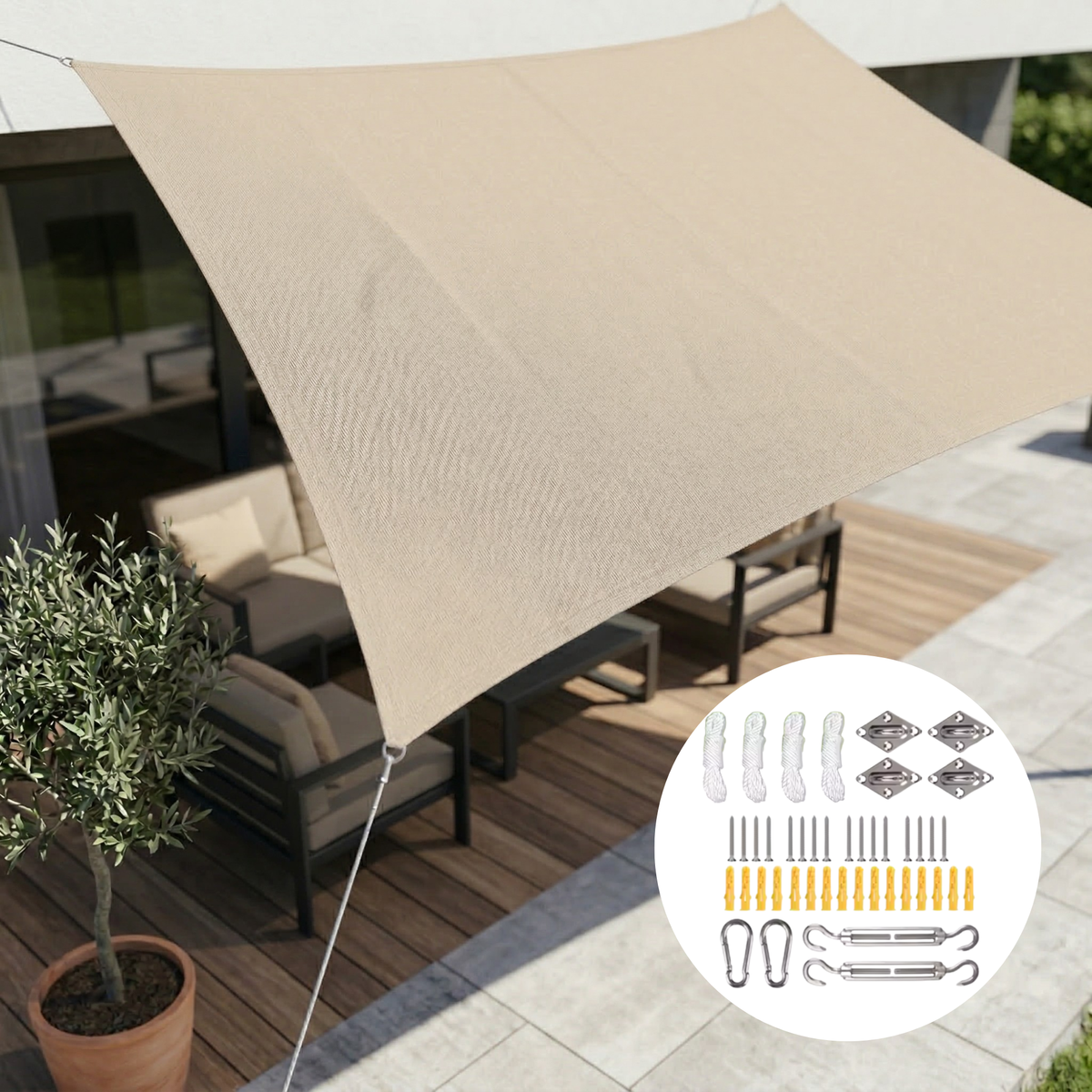 Rechthoekig schaduwdoek gespannen boven een terras