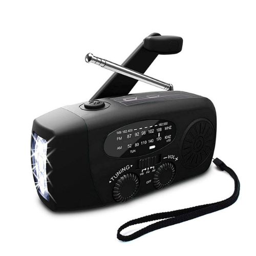 Noodradio met handslinger, zonnepaneel en zaklamp